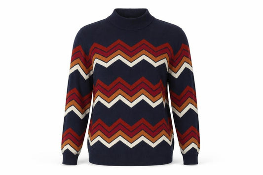 Front view of Matalan women’s blue geometric knit pullover sweatshirt, size UK 12