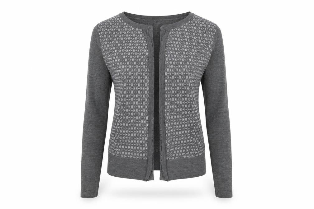 Front view of LOFT women’s grey geometric cardigan jumper, size S