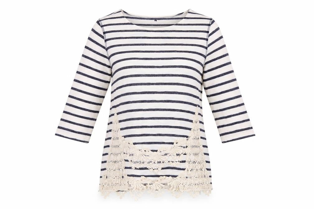 Front view of Casamia women’s white striped pullover sweatshirt, size M