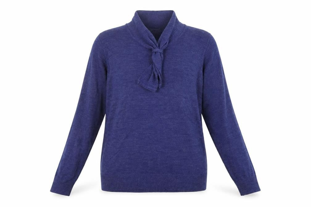 Front view of EWM women’s blue pullover sweatshirt, size UK 16