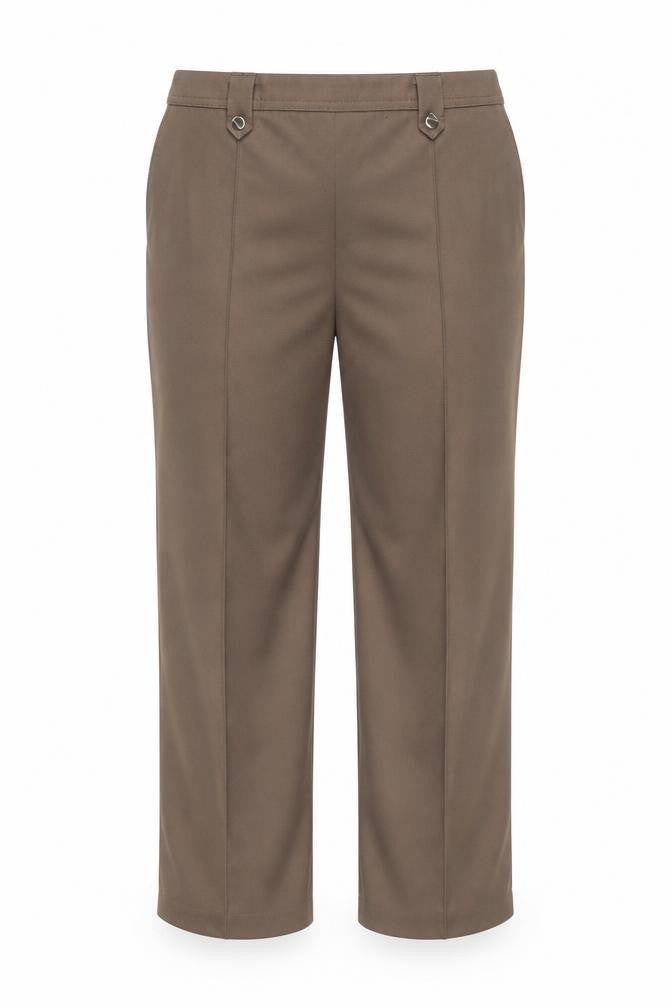 Front view of Bonmarché women’s brown trousers, size UK 14, 25-inch leg