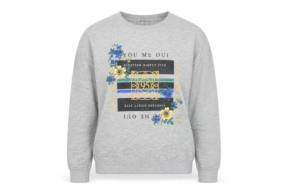 Front view of New Look women’s grey pullover sweatshirt, size UK 8