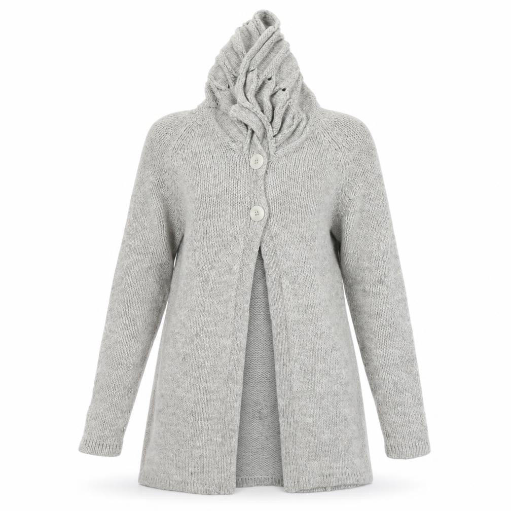 Front view of sandwhich women’s grey cardigan jumper, size S
