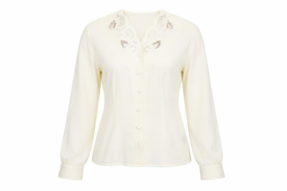 Front view of WHIMSY women’s white cardigan jumper, size UK 10