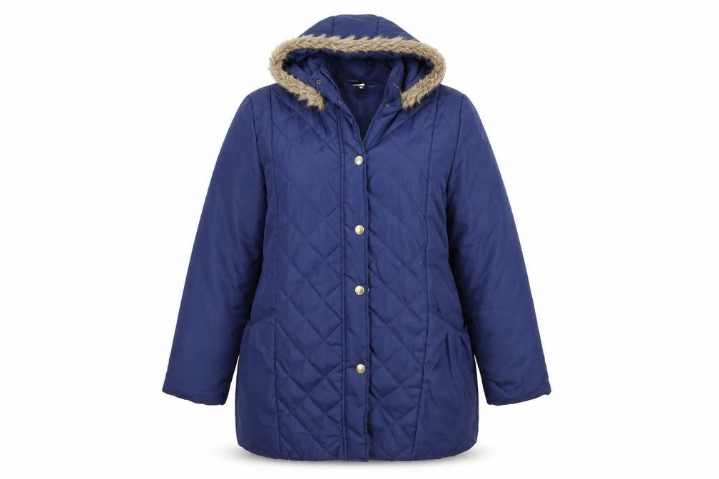 Front view of Anne De Lancay women’s blue quilted coat, size M