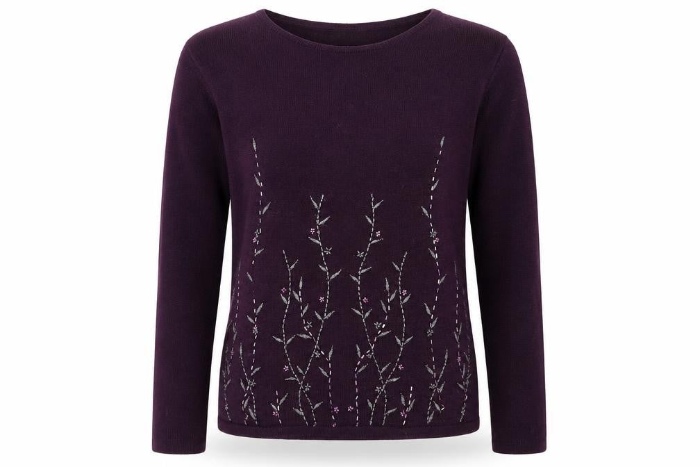 Front view of Sky Designs women’s purple jumper, size S