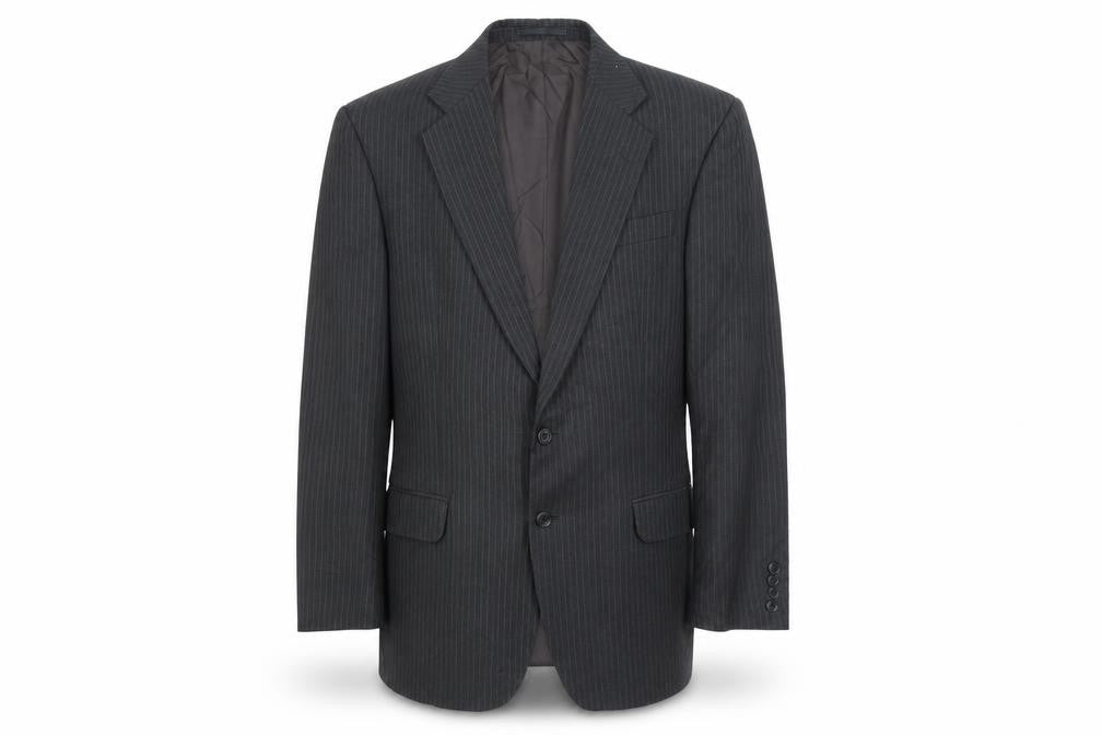 Front view of St Michael men’s grey striped jacket suit jacket, size M