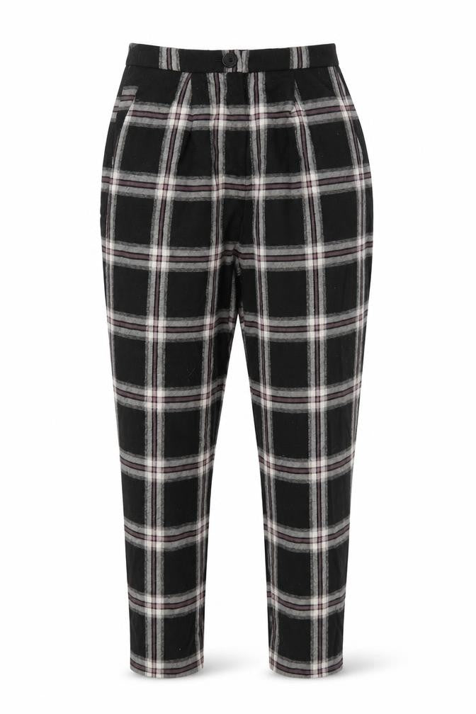 Front view of Preworn women’s black check trousers, 25-inch leg