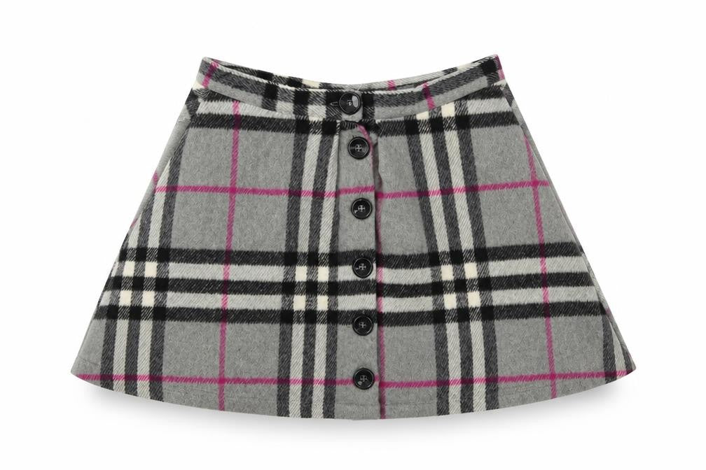 Front view of ikandi women’s grey check mini skirt, size UK 10