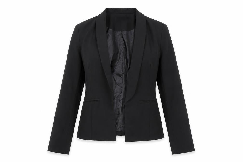 Front view of Boohoo women’s black jacket blazer, size UK 8, - shoulder pads