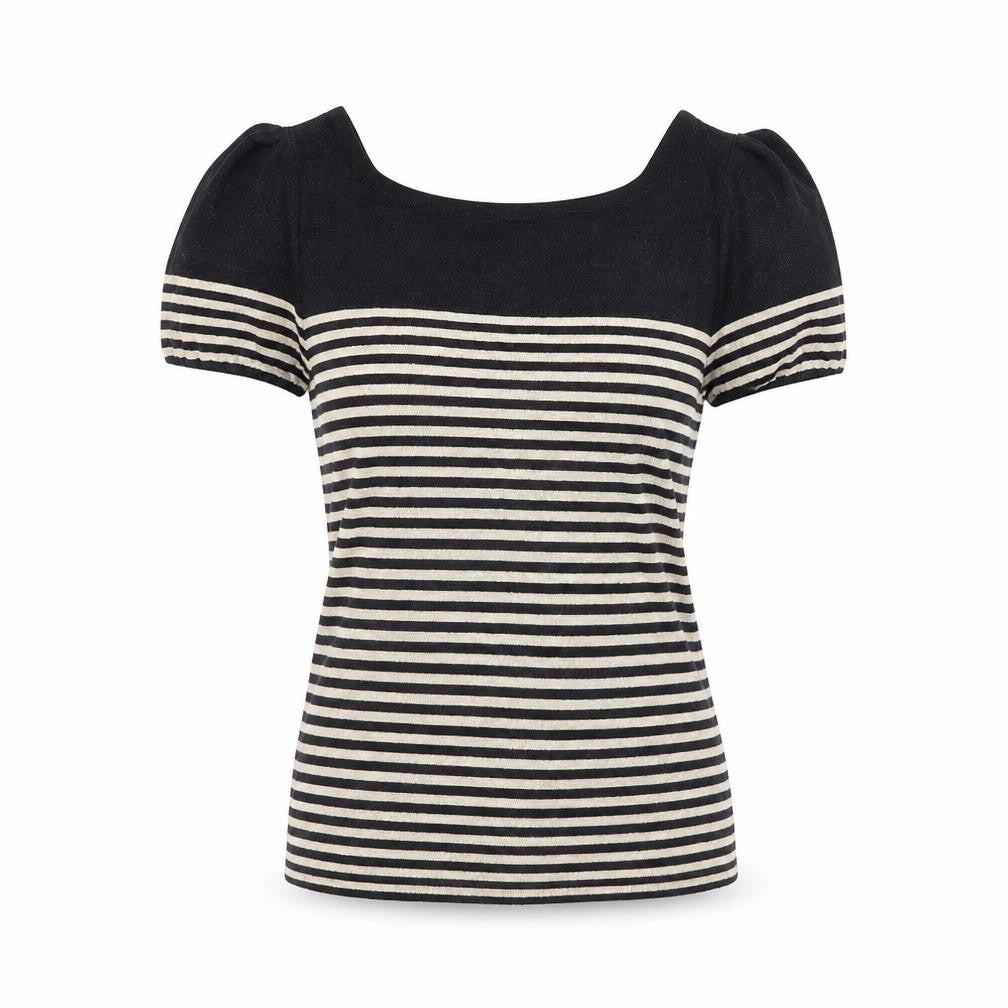 Front view of Next women’s beige striped basic blouse, size UK 12