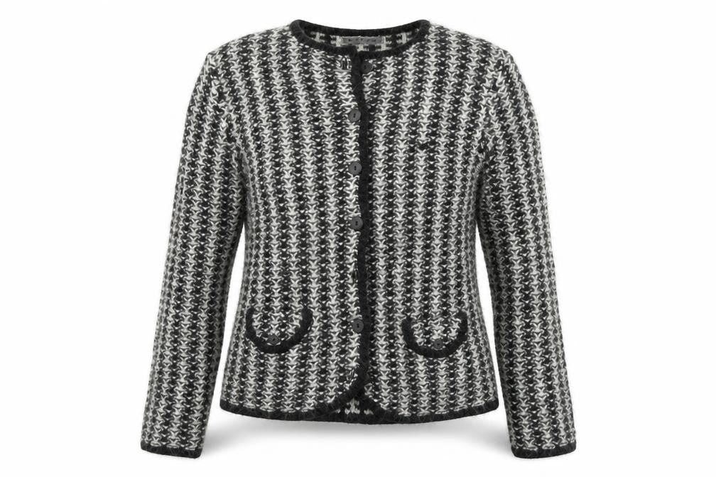 Front view of Emerco women’s black herringbone jacket, size UK 10