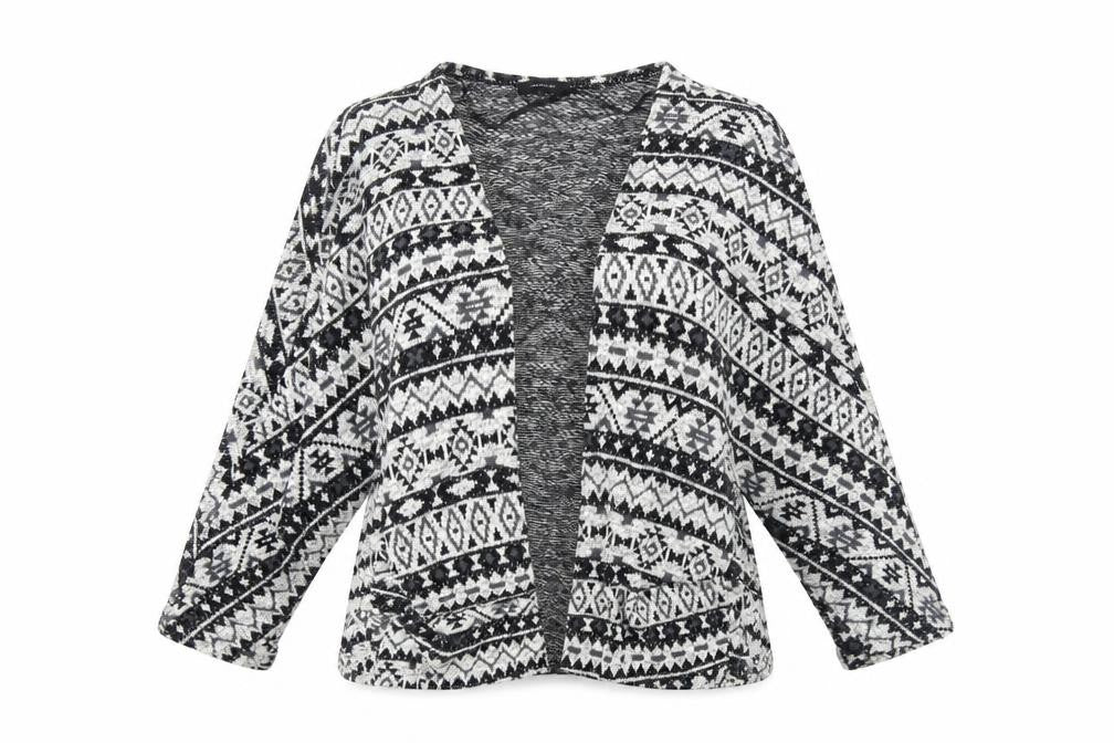Front view of Atmosphere women’s black striped jacket, size XL