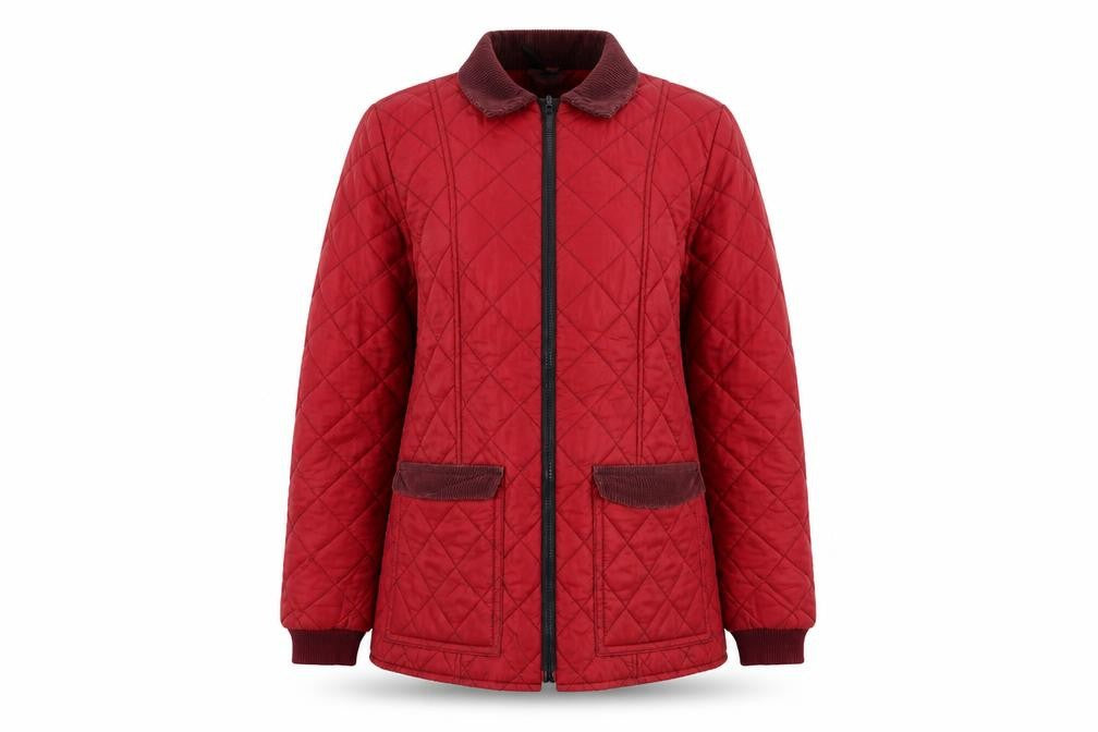 Front view of Preworn women’s red rain coat coat, size UK 10