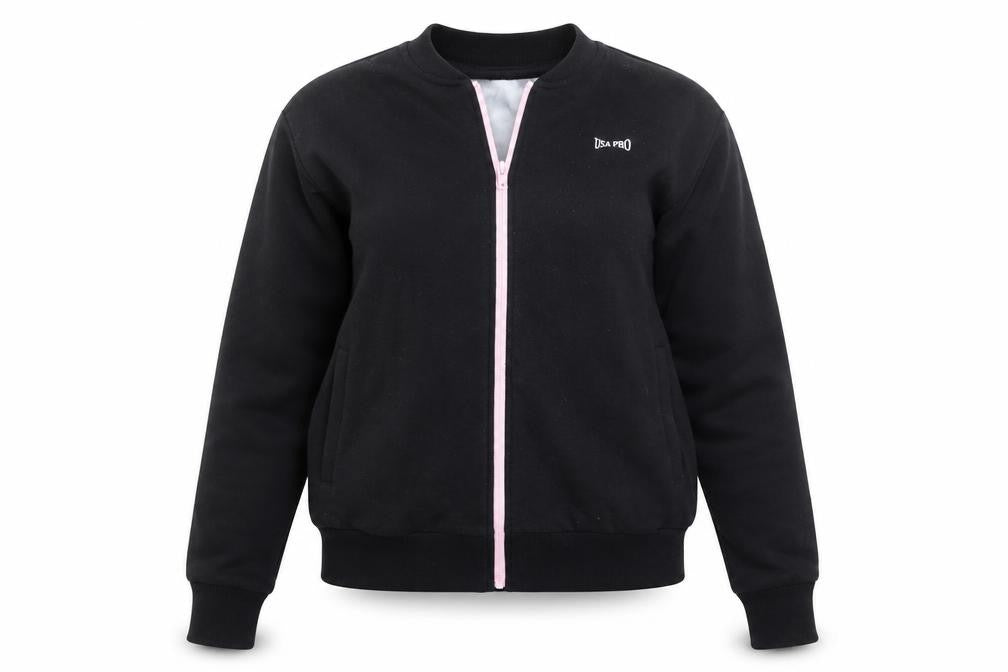 Front view of USA Pro women’s black jacket coat, size UK 10