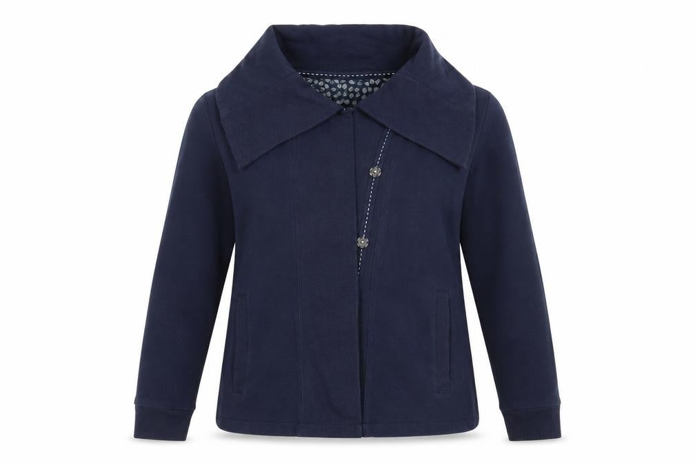 Front view of Per Una women’s blue jacket, size M, - large collar