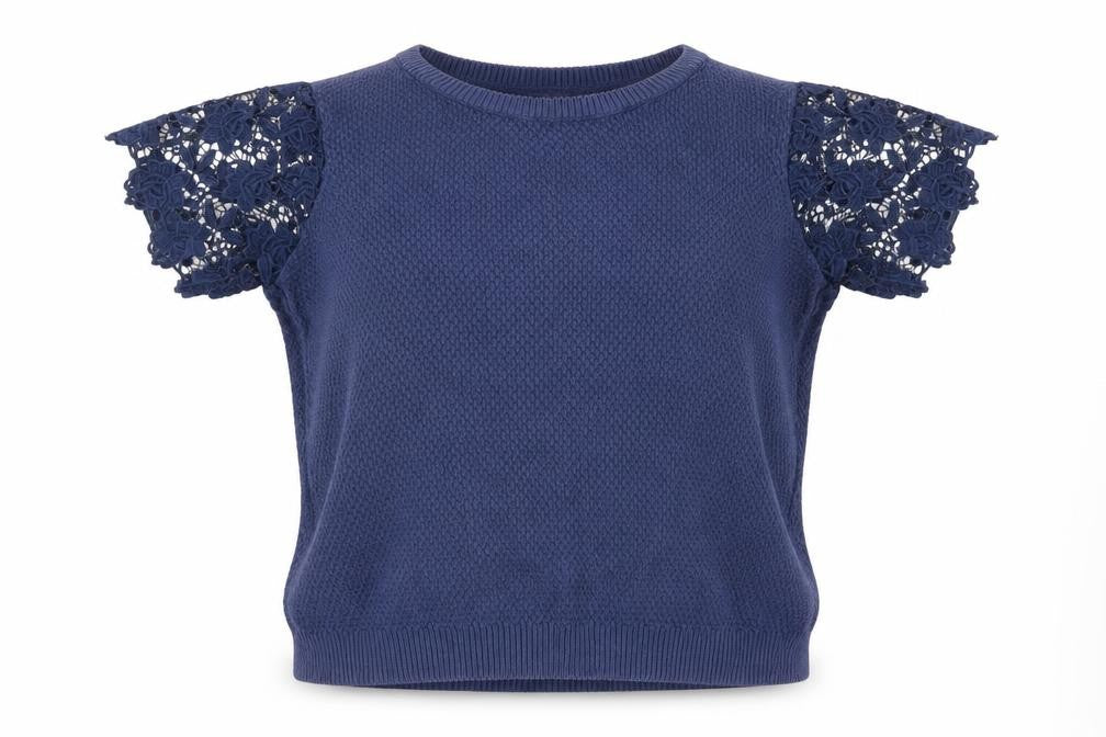 Front view of Tu women’s blue jumper, size UK 12, - lace sleeves