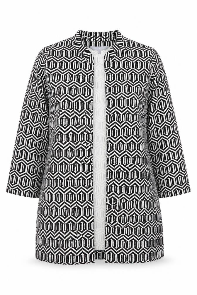 Front view of Red Herring women’s grey geometric jacket, size UK 14, - longline jacket