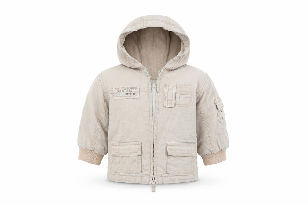 Front view of M&Co boys’ beige basic coat coat, size 9-12, months