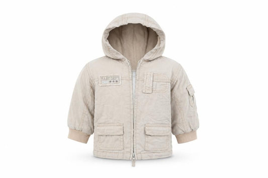 Front view of M&Co boys’ beige basic coat coat, size 9-12, months