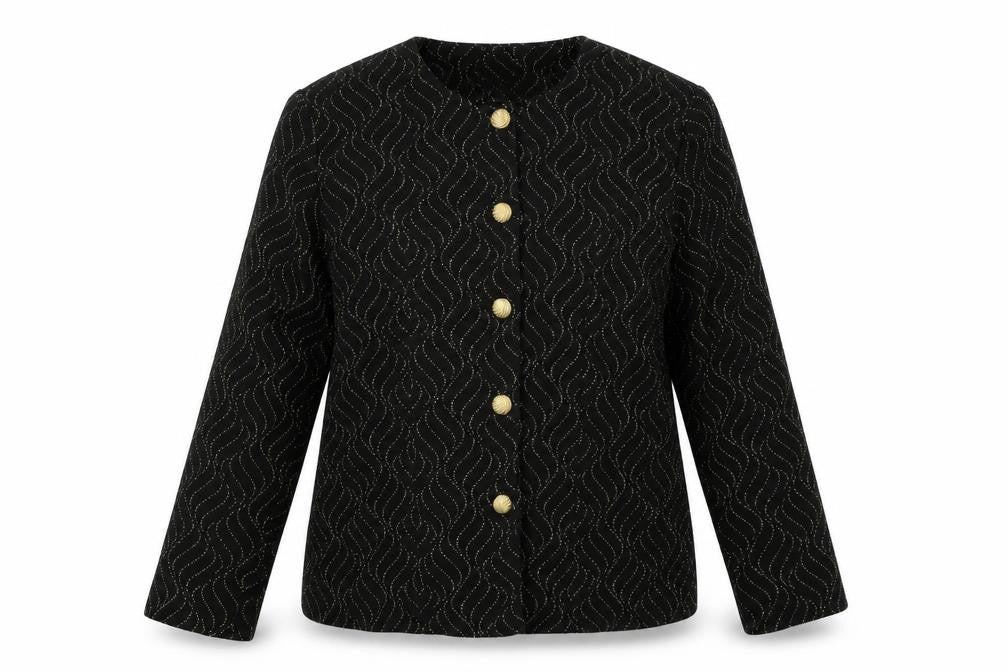 Front view of Bonmarché women’s black geometric jacket blazer, size UK 16