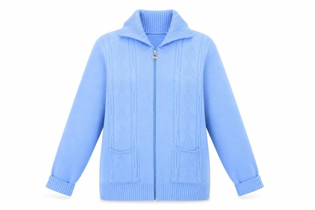 Front view of Monique women’s blue full zip jumper, size L