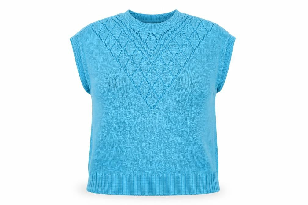 Front view of Paige women’s blue vest jumper, size UK 14
