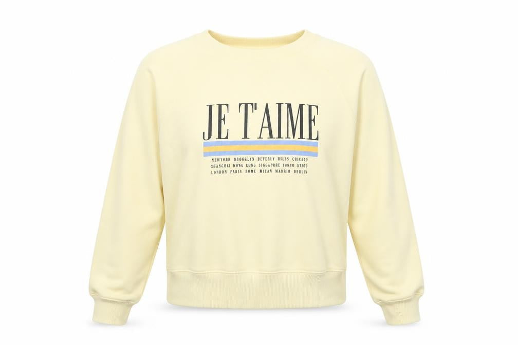 Front view of New Look women’s yellow pullover sweatshirt, size UK 8, - je t'aime