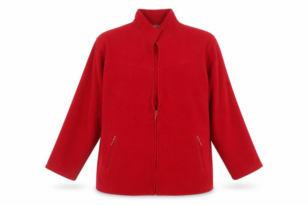 Front view of EWM women’s red full zip jumper, size L