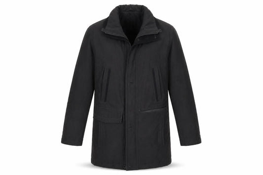 Front view of EWM men’s black overcoat coat, size S