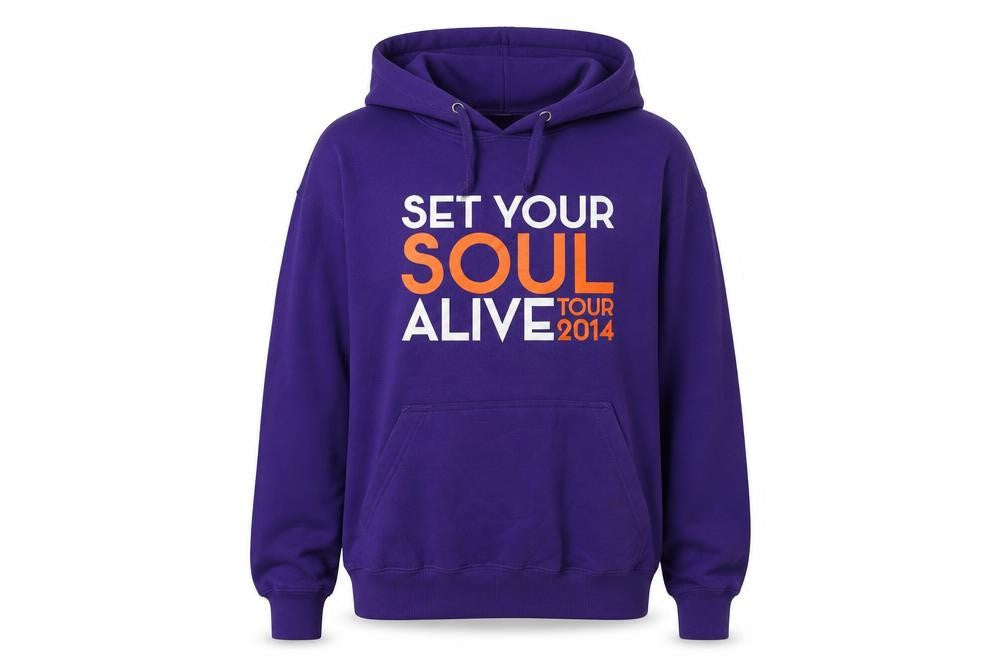 Front view of FDM women’s purple pullover hoodie, size S