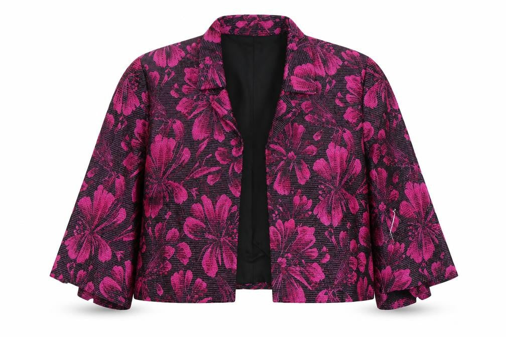 Front view of Libra women’s multicoloured floral shrug jumper, size UK 12