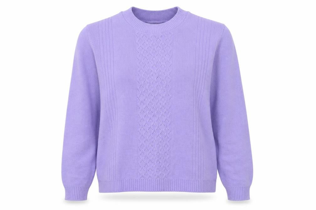 Front view of In Stitches women’s purple argyle/diamond jumper, size UK 12