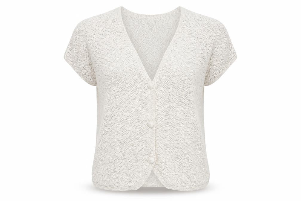 Front view of Richards women’s white argyle/diamond cardigan jumper, size S