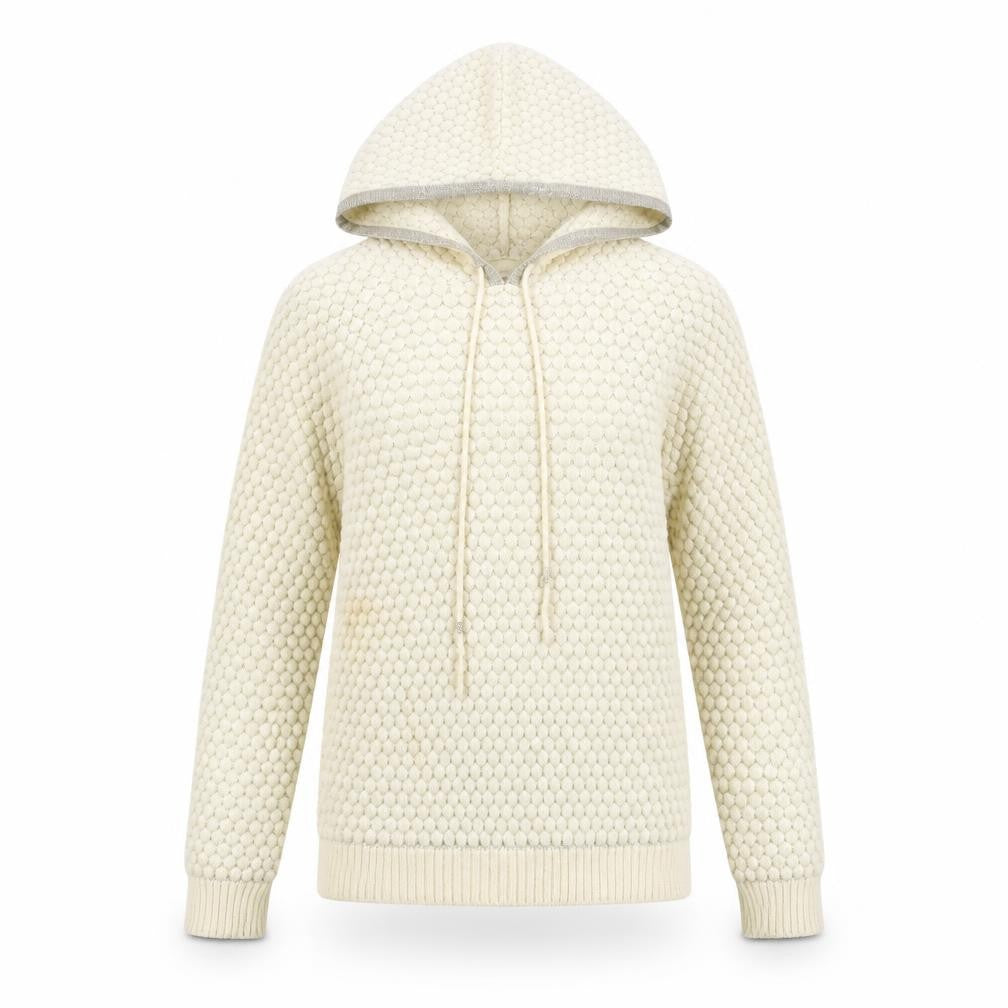 Front view of women’s beige animal print pullover hoodie, size S