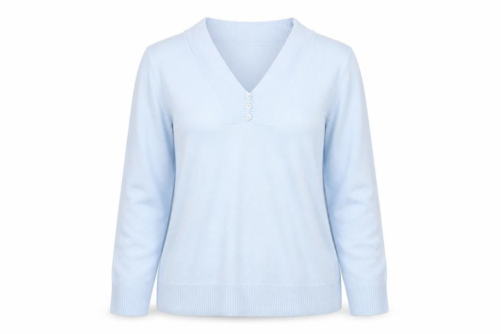 Front view of Emreco women’s blue jumper, size UK 12