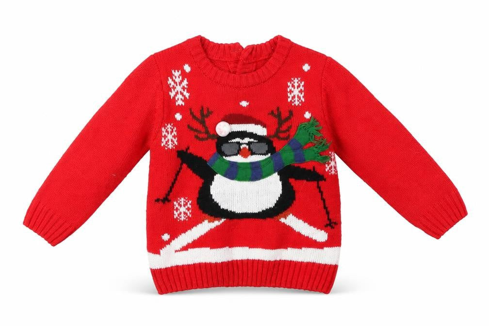 Front view of Matalan Baby Red jumper, size 9-12, Months - penguin