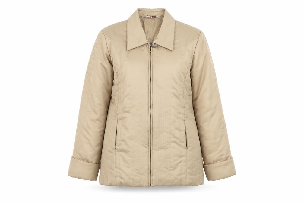 Front view of Kaleidoscope women’s beige jacket coat, size UK 12, - shiny