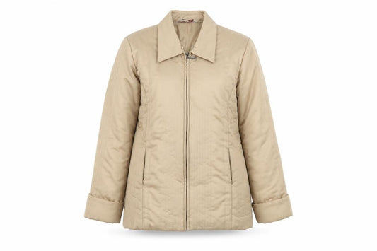 Front view of Kaleidoscope women’s beige jacket coat, size UK 12, - shiny