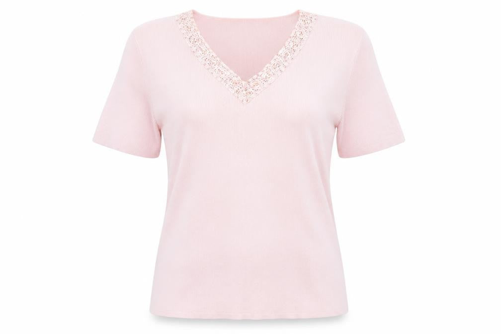 Front view of Debbie Morgan women’s pink basic t-shirt, size M