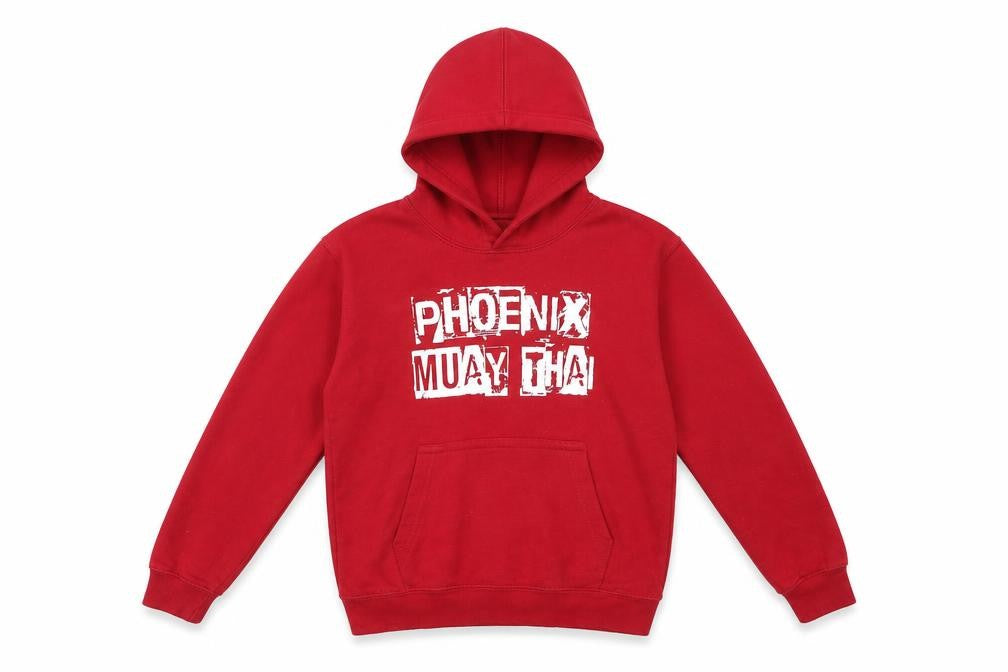 Front view of PHOENIX MUAY THAI boys’ red pullover hoodie, size 9-10, years