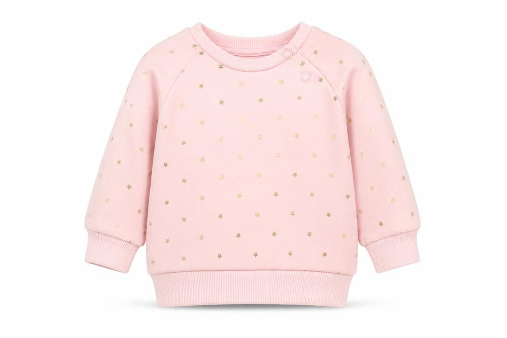 Front view of Primark girls’ pink jumper, size 3-6, months - star pattern sweatshirt