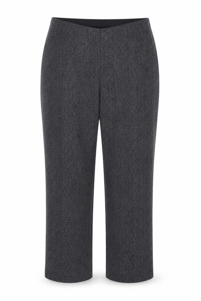 Front view of Preworn women’s black herringbone trousers, size UK 14, 28-inch leg