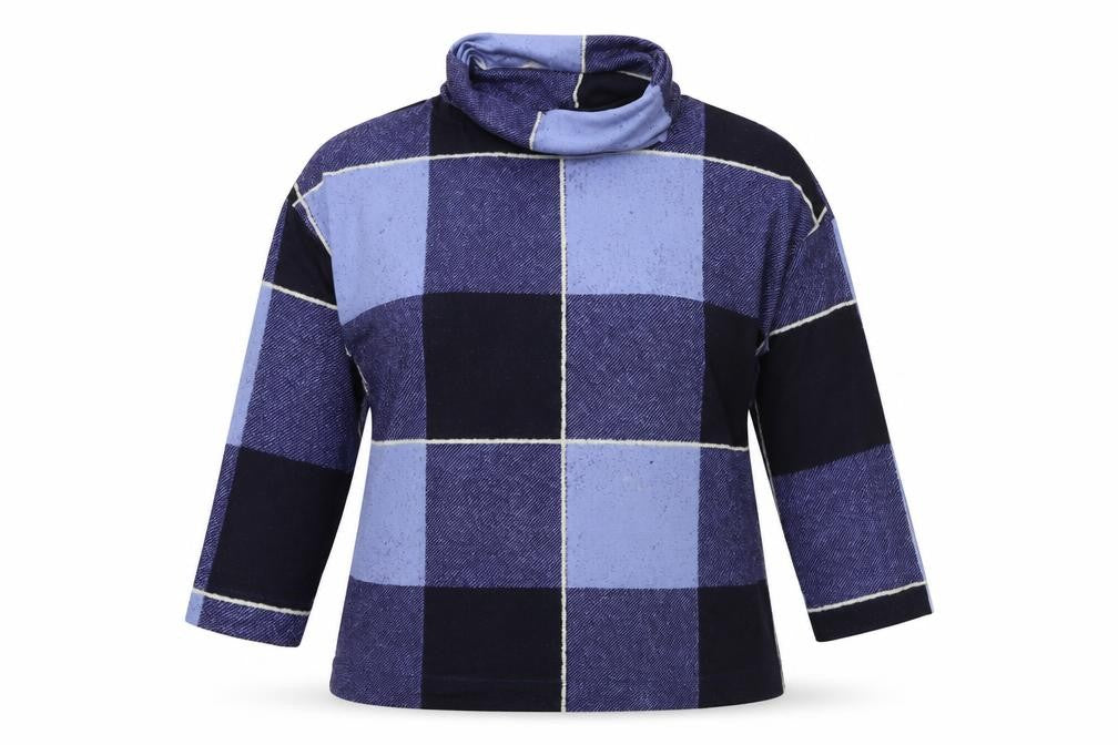Front view of Bonmarché women’s blue check jersey jumper, size L