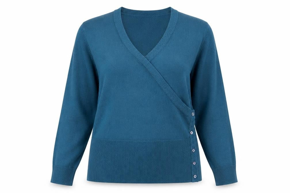 Front view of Debbie Morgan women’s blue knit jumper, size L