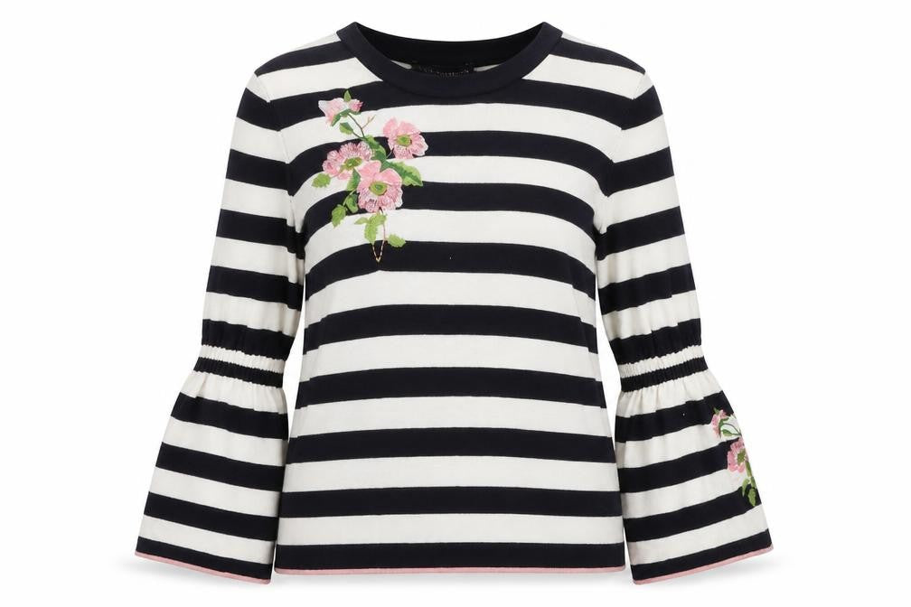 Front view of Marks & Spencer women’s multicoloured striped jumper, size UK 12