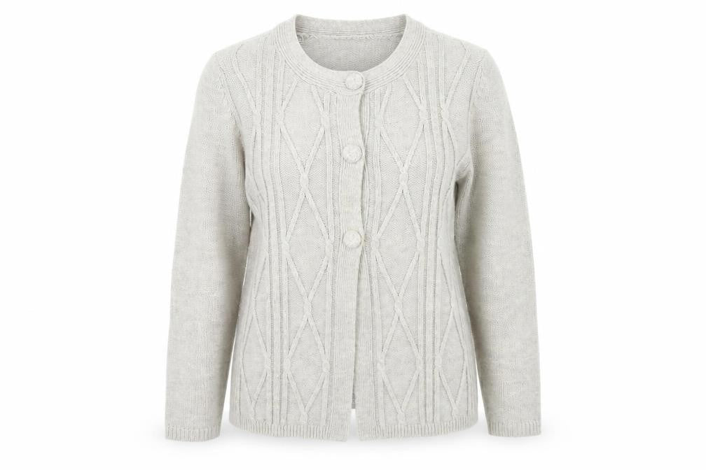 Front view of Bonmarché women’s grey cardigan jumper, size M