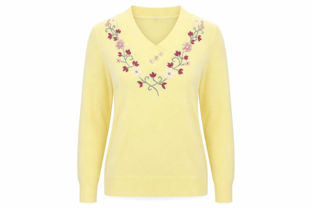 Front view of Preworn women’s yellow jumper, size UK 10