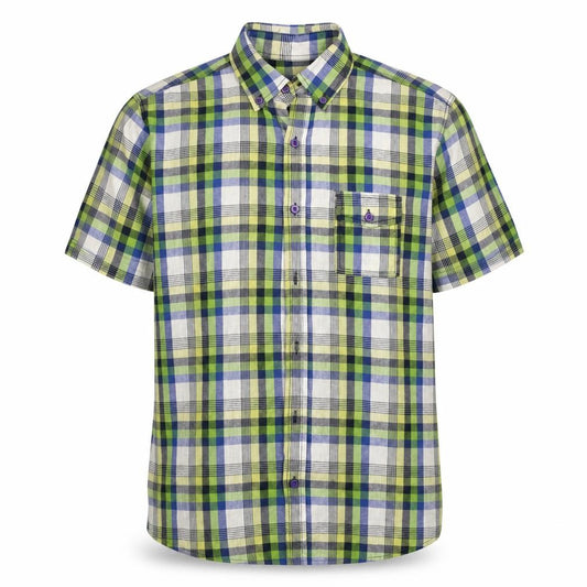 Front view of F&F men’s gold check button-up, size M