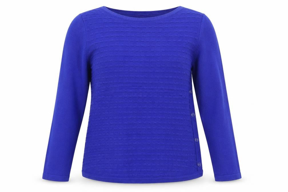 Front view of M&Co women’s blue jumper, size UK 12